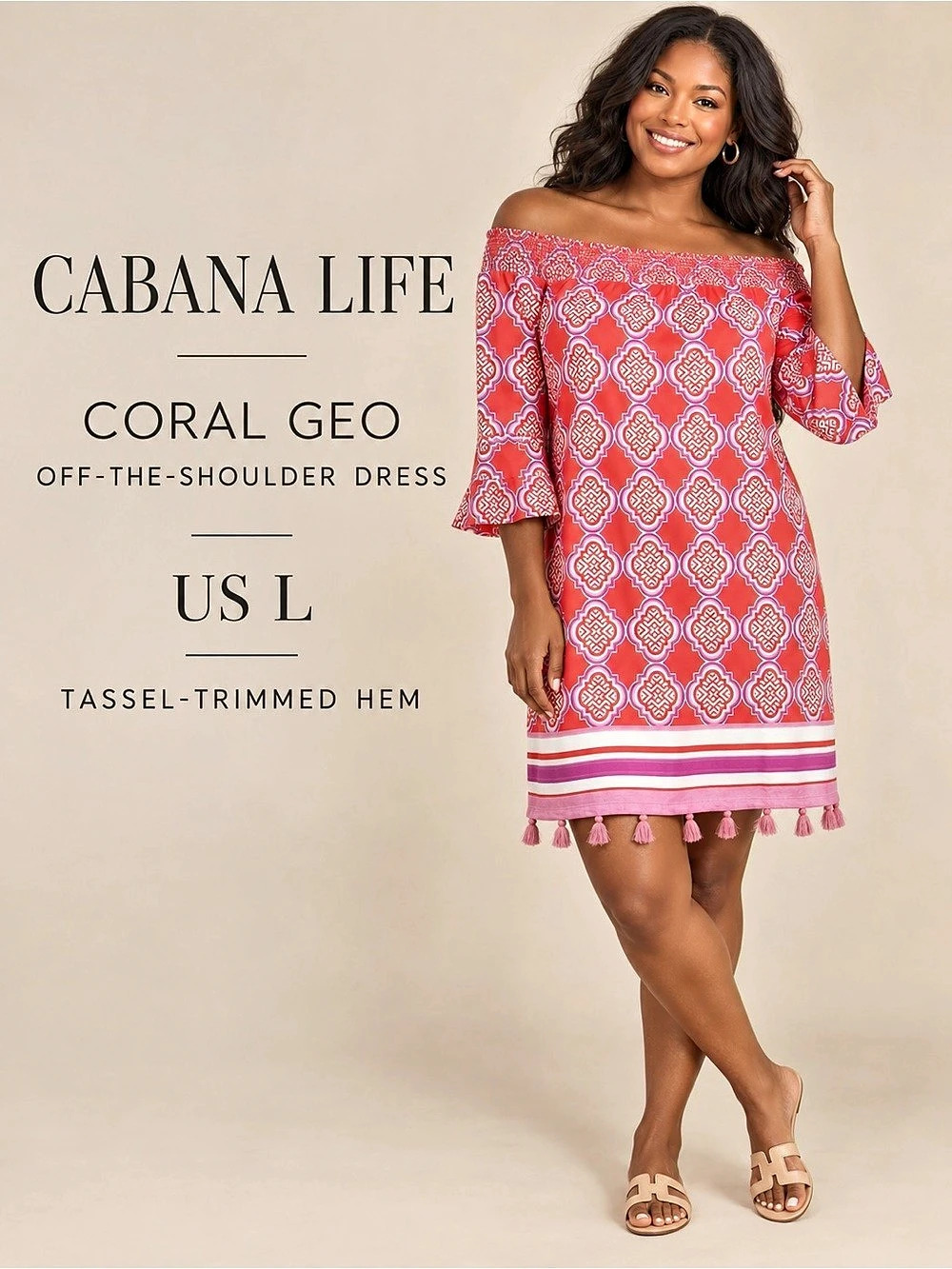 Cabana Life Coral Geo Off Shoulder Tassel Mini Dress Cover Up L